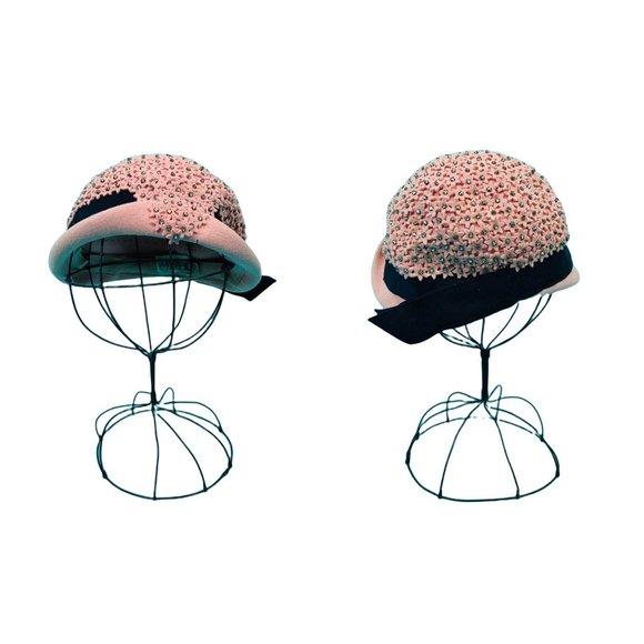 Vintage 1950s Pink Hat Floral Rhinestone Mohlfelder's Cap - Picture 1 of 10